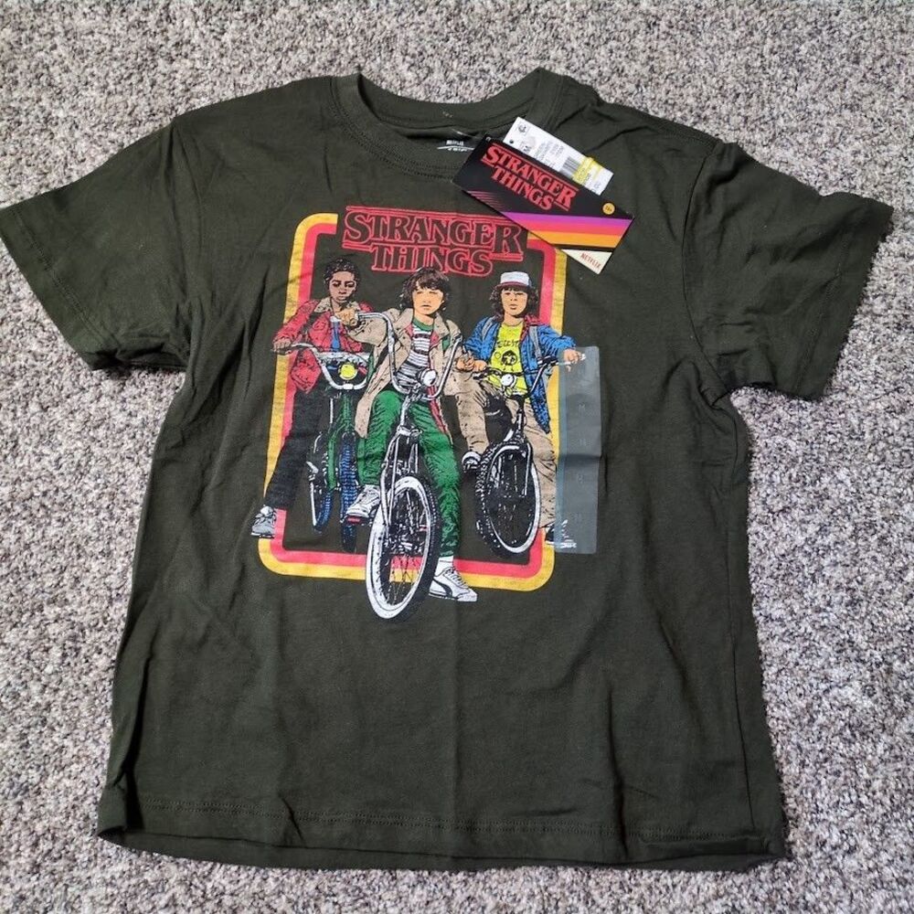 NEW Stranger Things Netflix T-shirt Youth Medium Olive Green Bikes Kids